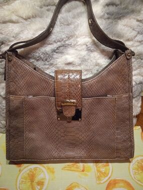 Liz Claiborne Brown Faux-Snakeskin Shoulder Bag with Gold-Tone Accent
